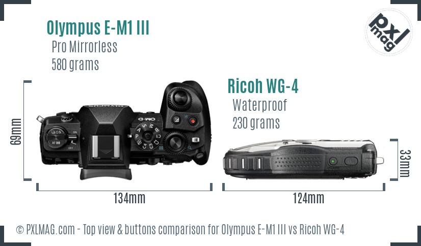 Olympus E-M1 III vs Ricoh WG-4 top view buttons comparison