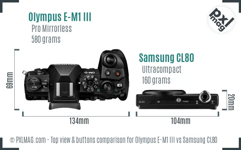 Olympus E-M1 III vs Samsung CL80 top view buttons comparison Olympus E-M1 III vs Samsung CL80 top view buttons comparison