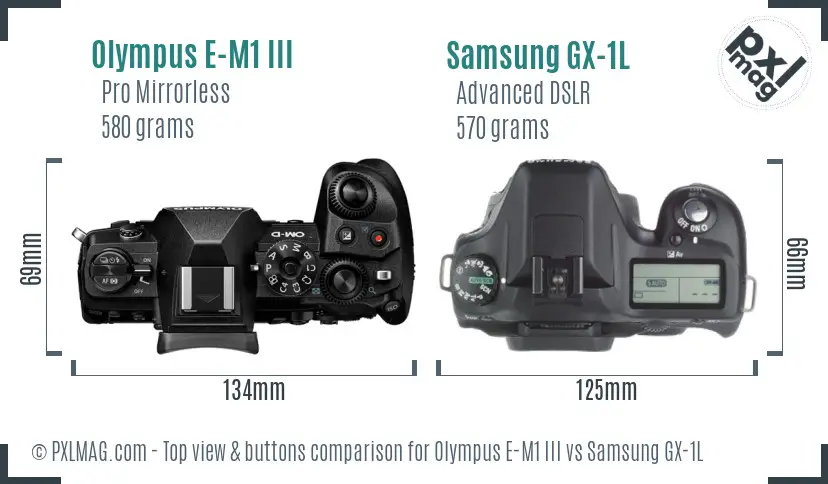 Olympus E-M1 III vs Samsung GX-1L top view buttons comparison