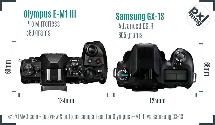 Olympus E-M1 III vs Samsung GX-1S top view buttons comparison