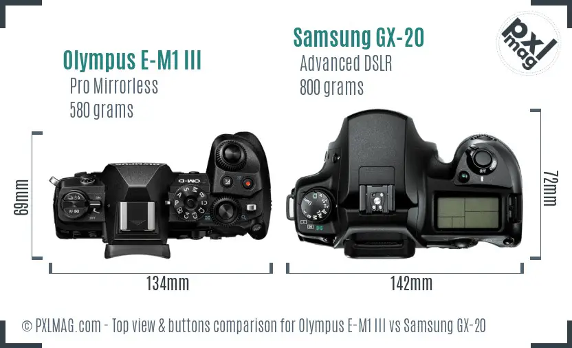 Olympus E-M1 III vs Samsung GX-20 top view buttons comparison Olympus E-M1 III vs Samsung GX-20 top view buttons comparison