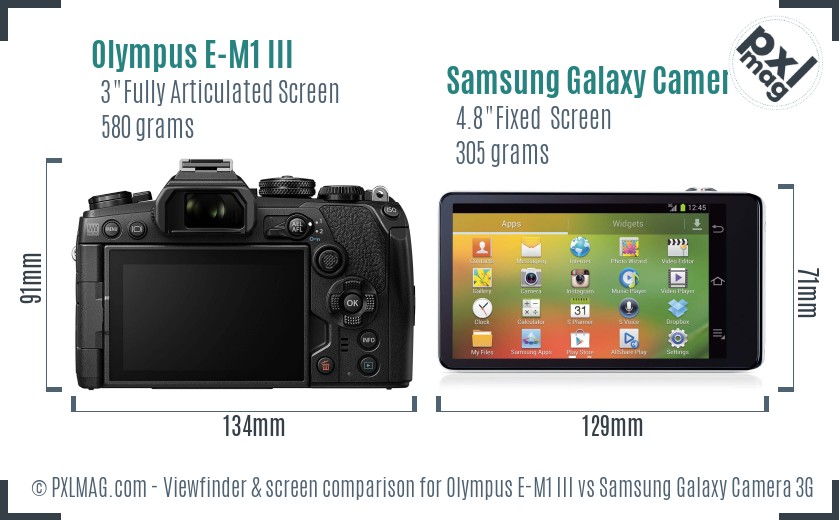 Olympus E-M1 III vs Samsung Galaxy Camera 3G Screen and Viewfinder comparison