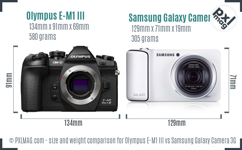 Olympus E-M1 III vs Samsung Galaxy Camera 3G size comparison Olympus E-M1 III vs Samsung Galaxy Camera 3G size comparison