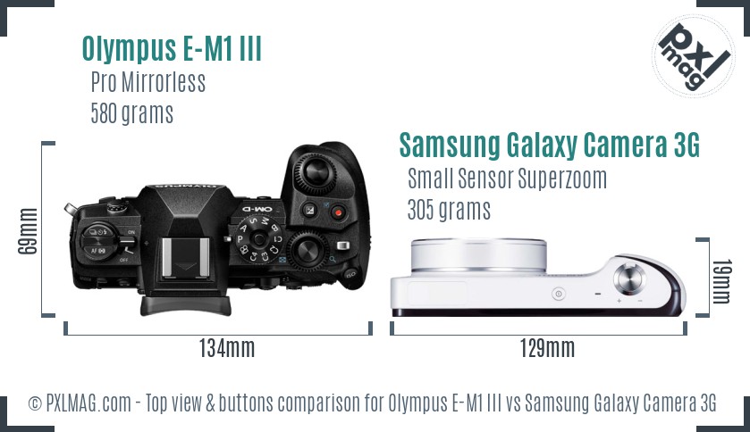 Olympus E-M1 III vs Samsung Galaxy Camera 3G top view buttons comparison