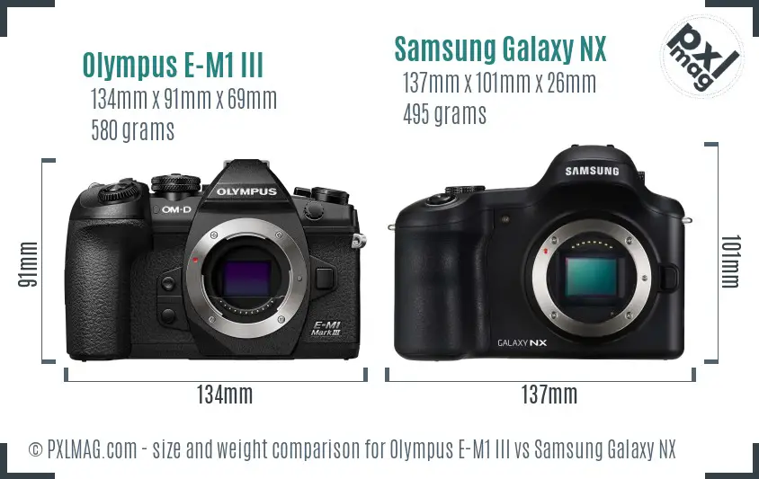 Olympus E-M1 III vs Samsung Galaxy NX size comparison