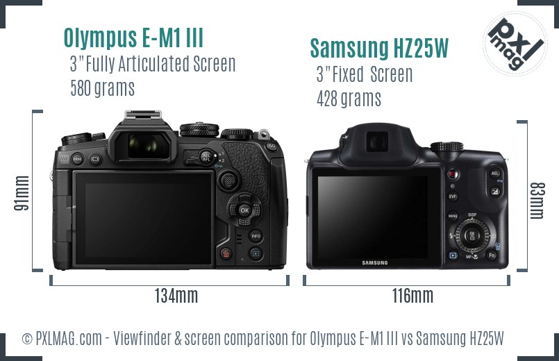 Olympus E-M1 III vs Samsung HZ25W Screen and Viewfinder comparison