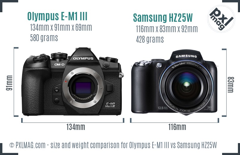 Olympus E-M1 III vs Samsung HZ25W size comparison