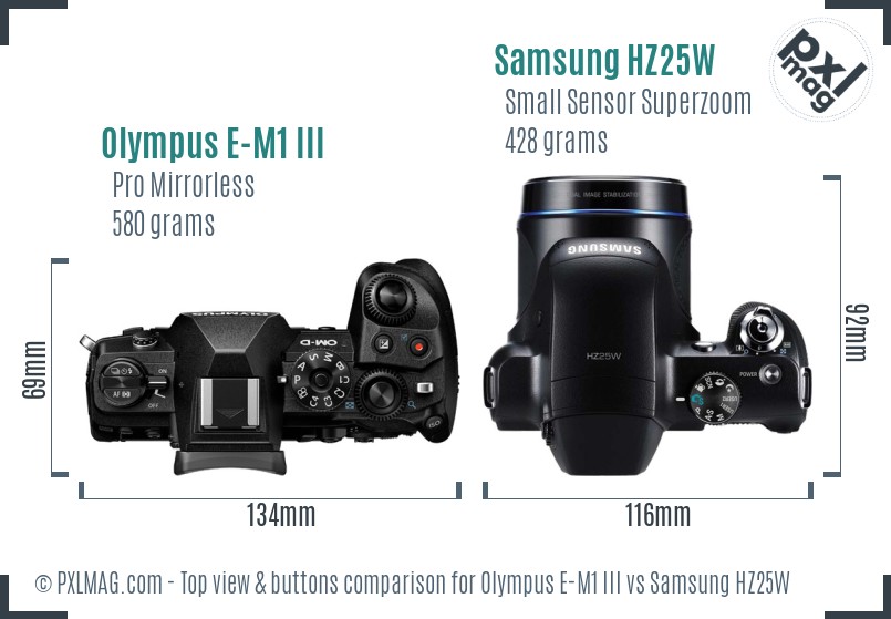 Olympus E-M1 III vs Samsung HZ25W top view buttons comparison