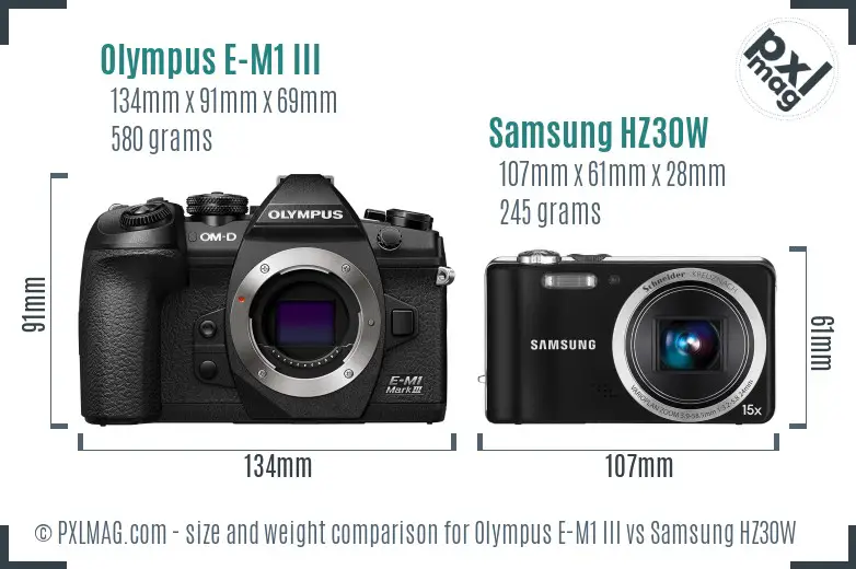 Olympus E-M1 III vs Samsung HZ30W size comparison
