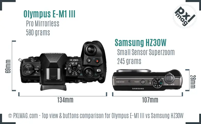 Olympus E-M1 III vs Samsung HZ30W top view buttons comparison
