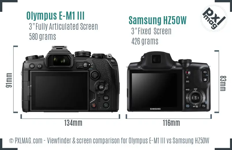 Olympus E-M1 III vs Samsung HZ50W Screen and Viewfinder comparison