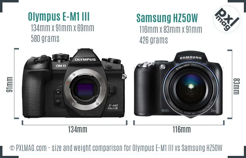 Olympus E-M1 III vs Samsung HZ50W size comparison