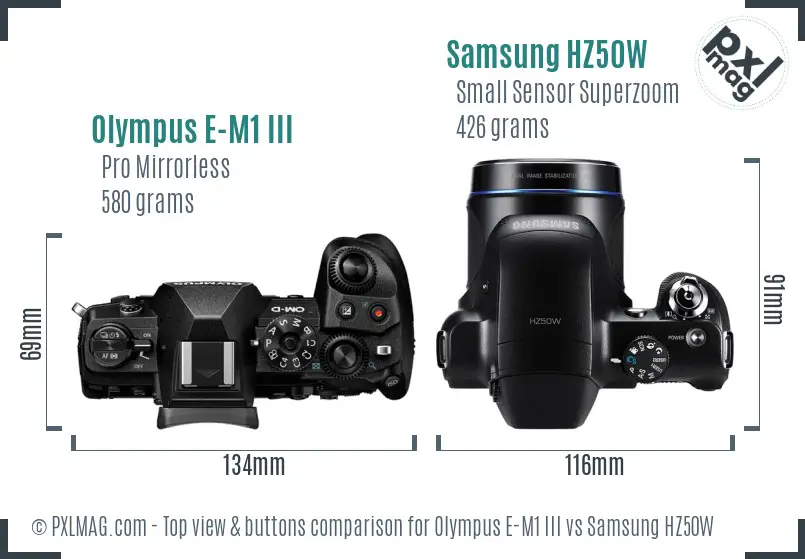 Olympus E-M1 III vs Samsung HZ50W top view buttons comparison