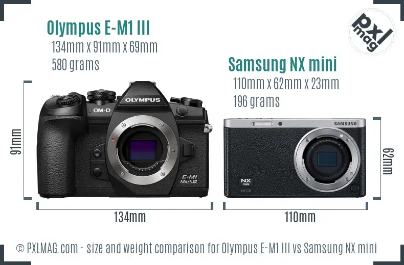 Olympus E-M1 III vs Samsung NX mini size comparison