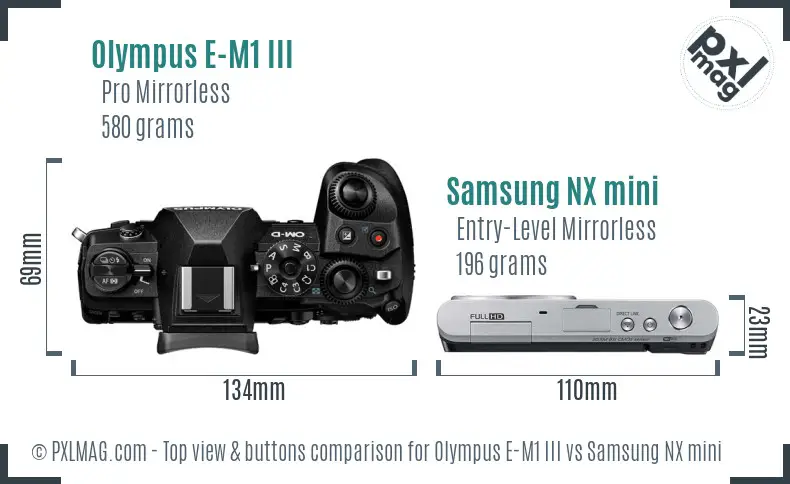 Olympus E-M1 III vs Samsung NX mini top view buttons comparison