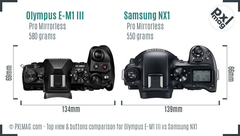 Olympus E-M1 III vs Samsung NX1 top view buttons comparison