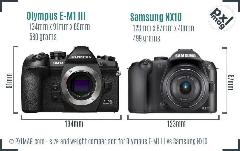 Olympus E-M1 III vs Samsung NX10 size comparison