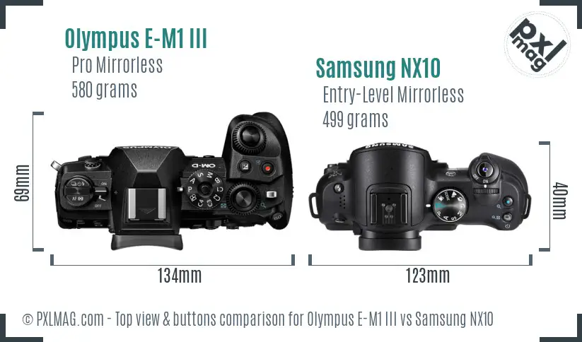 Olympus E-M1 III vs Samsung NX10 top view buttons comparison