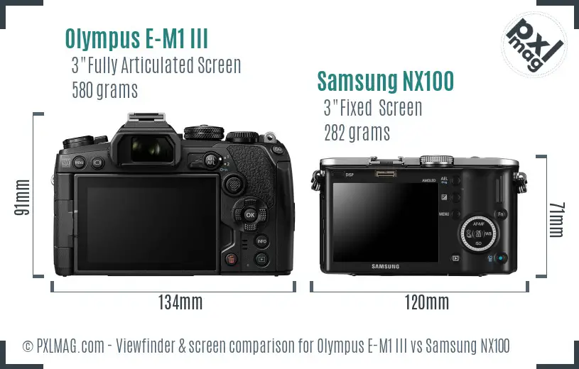 Olympus E-M1 III vs Samsung NX100 Screen and Viewfinder comparison Olympus E-M1 III vs Samsung NX100 Screen and Viewfinder comparison