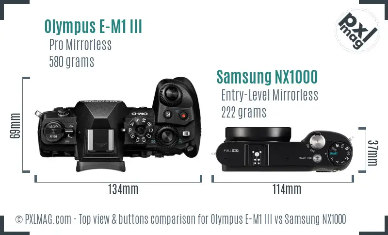 Olympus E-M1 III vs Samsung NX1000 top view buttons comparison Olympus E-M1 III vs Samsung NX1000 top view buttons comparison
