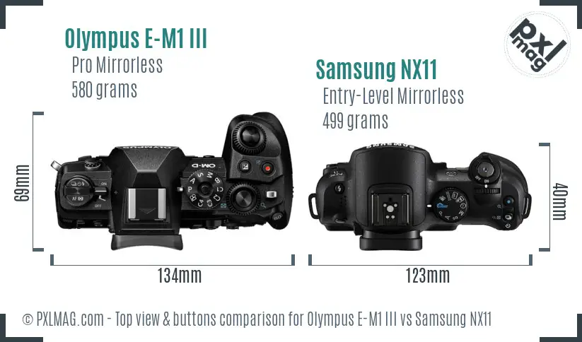 Olympus E-M1 III vs Samsung NX11 top view buttons comparison