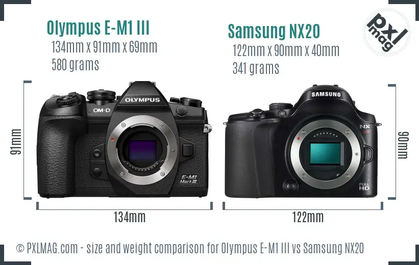 Olympus E-M1 III vs Samsung NX20 size comparison