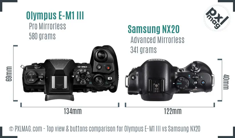 Olympus E-M1 III vs Samsung NX20 top view buttons comparison