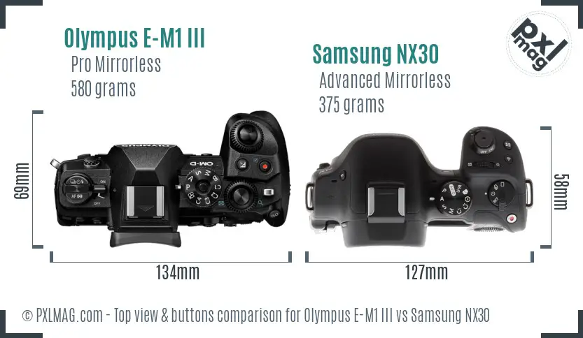 Olympus E-M1 III vs Samsung NX30 top view buttons comparison