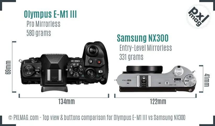 Olympus E-M1 III vs Samsung NX300 top view buttons comparison