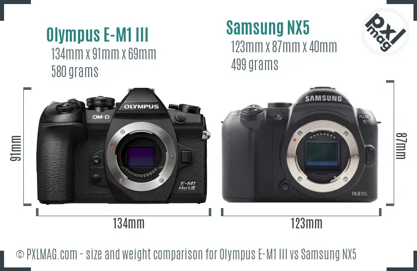 Olympus E-M1 III vs Samsung NX5 size comparison