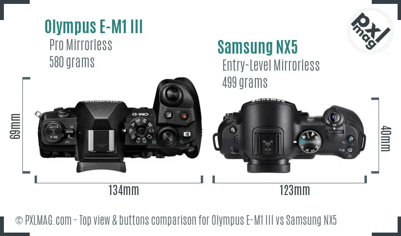 Olympus E-M1 III vs Samsung NX5 top view buttons comparison