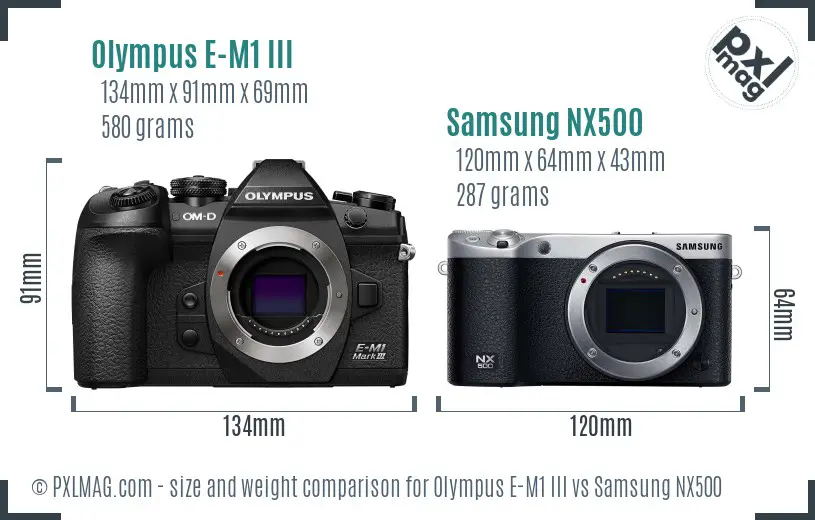 Olympus E-M1 III vs Samsung NX500 size comparison