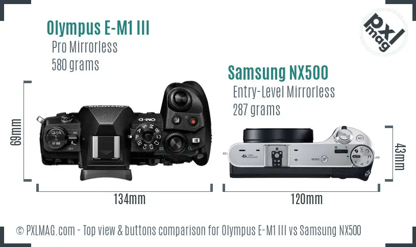 Olympus E-M1 III vs Samsung NX500 top view buttons comparison