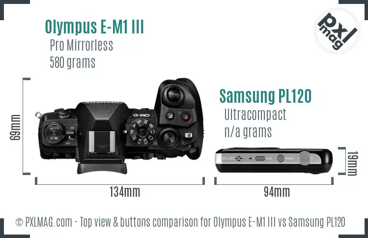 Olympus E-M1 III vs Samsung PL120 top view buttons comparison Olympus E-M1 III vs Samsung PL120 top view buttons comparison