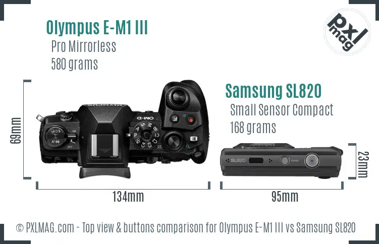 Olympus E-M1 III vs Samsung SL820 top view buttons comparison