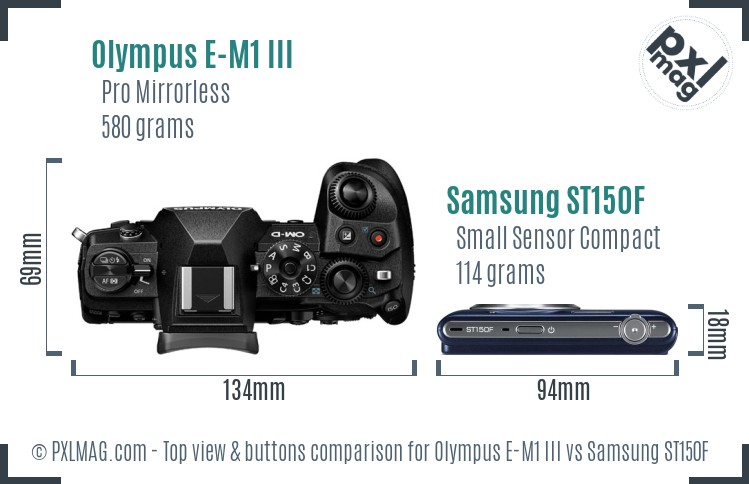 Olympus E-M1 III vs Samsung ST150F top view buttons comparison