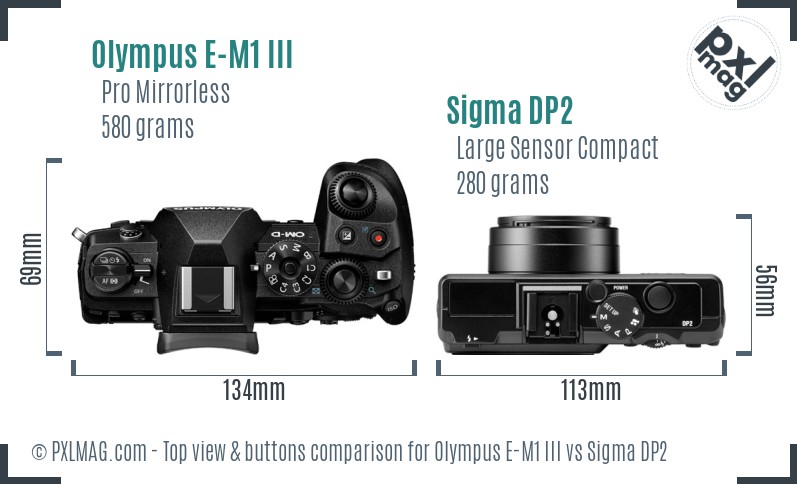 Olympus E-M1 III vs Sigma DP2 top view buttons comparison