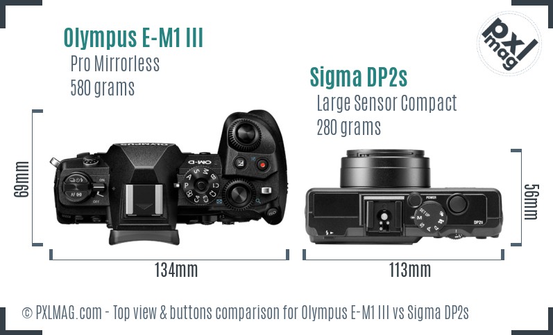 Olympus E-M1 III vs Sigma DP2s top view buttons comparison
