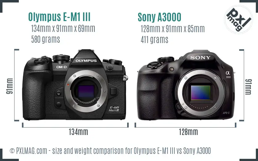 Olympus E-M1 III vs Sony A3000 size comparison