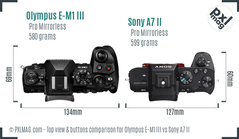 Olympus E-M1 III vs Sony A7 II top view buttons comparison