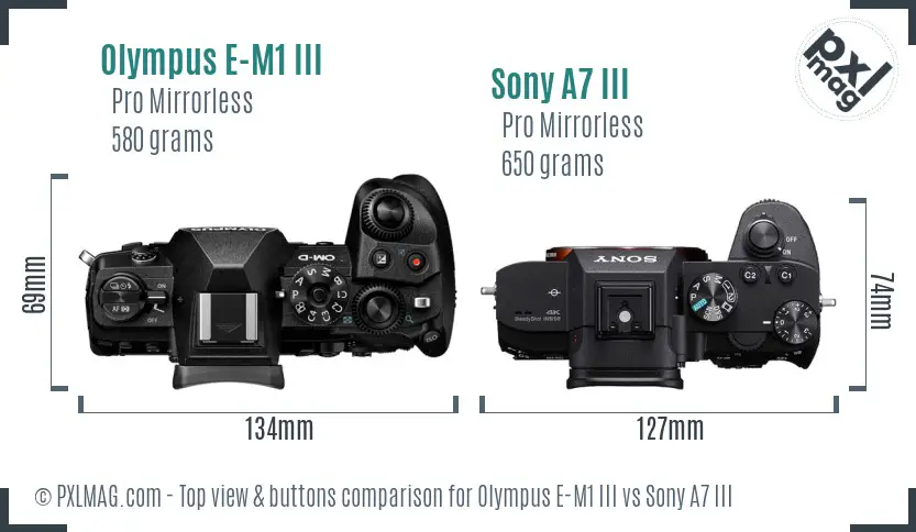 Olympus E-M1 III vs Sony A7 III top view buttons comparison