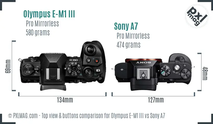 Olympus E-M1 III vs Sony A7 top view buttons comparison
