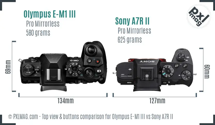 Olympus E-M1 III vs Sony A7R II top view buttons comparison