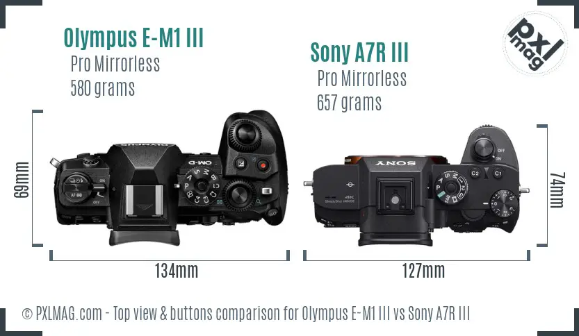 Olympus E-M1 III vs Sony A7R III top view buttons comparison