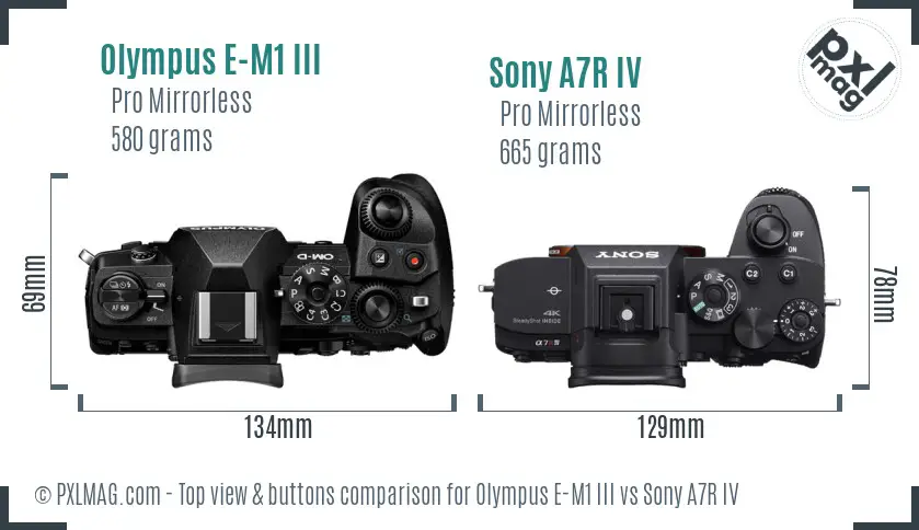 Olympus E-M1 III vs Sony A7R IV top view buttons comparison