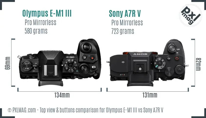 Olympus E-M1 III vs Sony A7R V top view buttons comparison