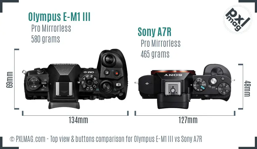 Olympus E-M1 III vs Sony A7R top view buttons comparison