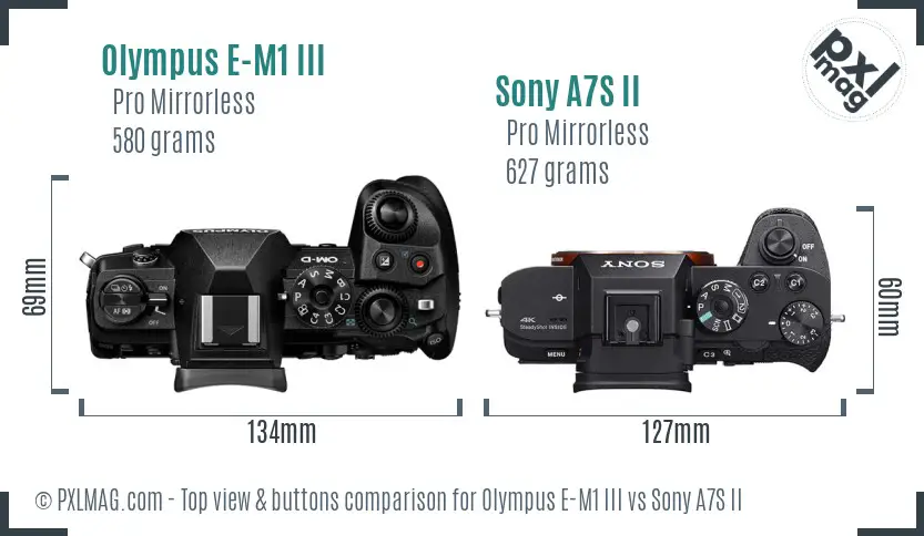 Olympus E-M1 III vs Sony A7S II top view buttons comparison