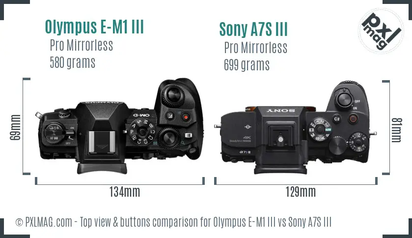 Olympus E-M1 III vs Sony A7S III top view buttons comparison