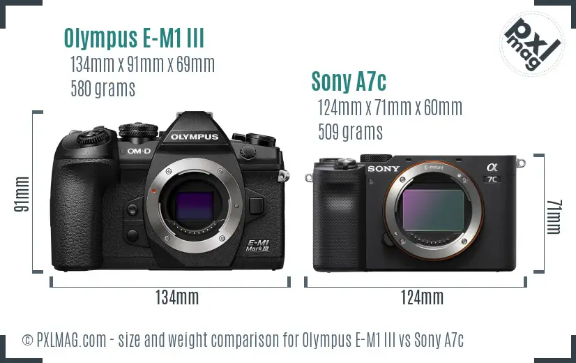Olympus E-M1 III vs Sony A7c size comparison